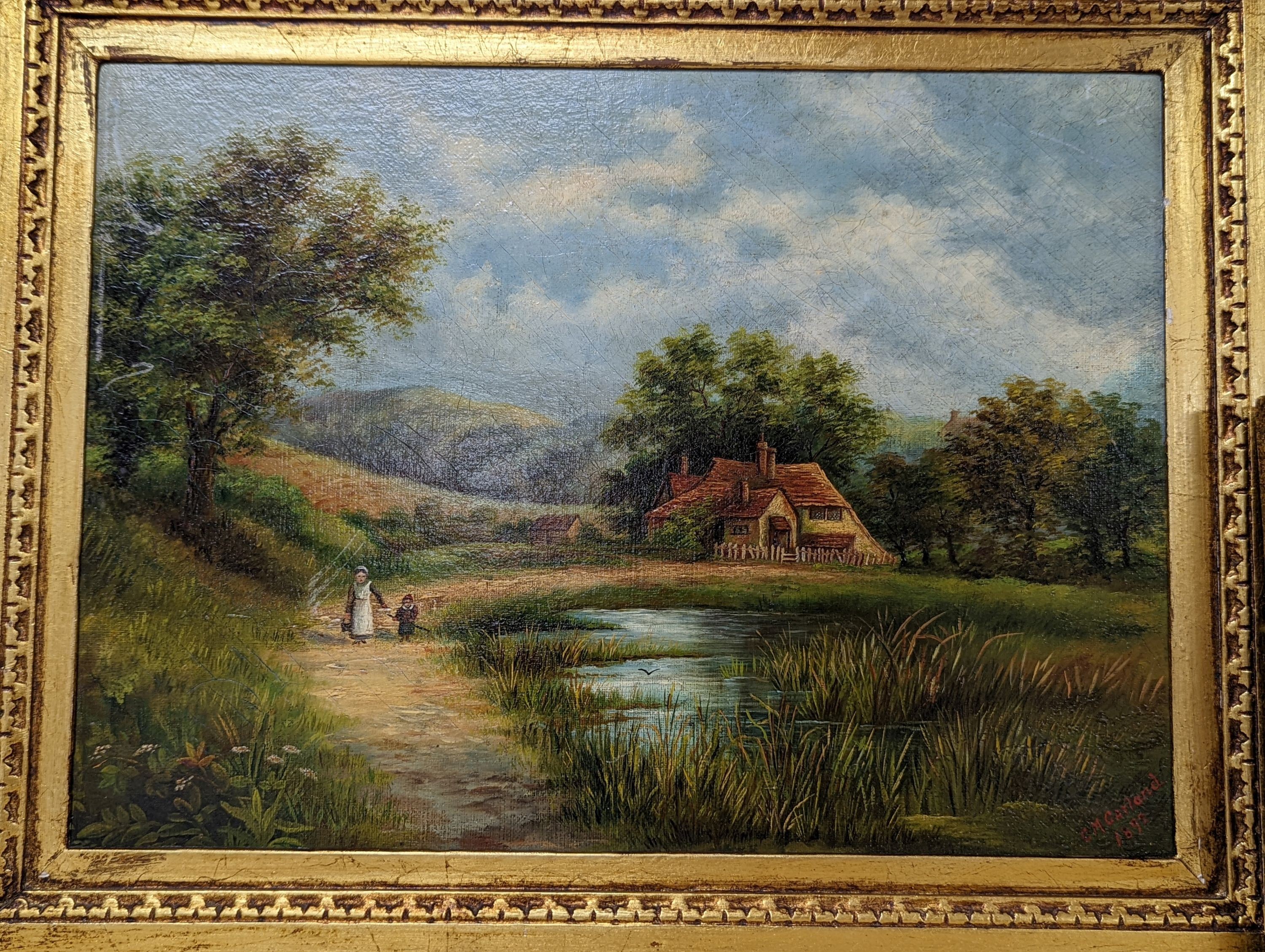 C. M. Garland, pair of oils on canvas, Summer and Winter landscapes, signed and dated 1891, 13 x 42cm and an oil of figures beside a pond, 1892, 27 x 37cm